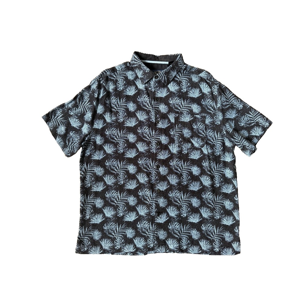 Nat Nast Luxury Originals Men's Shirt L Silk Cotton‎ Black Blue Palm Leaf Aloha